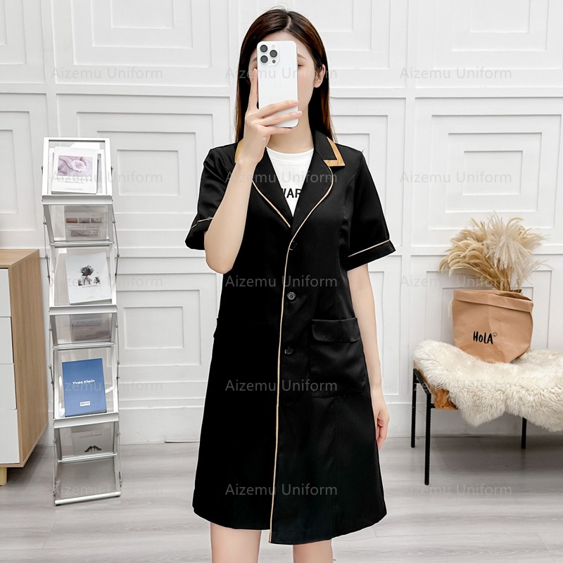 Lab Coat Medical - Schwarze Schönheitsuniform mit Kosmetikerin-Robe, Damen-Salon, Laborkittel,